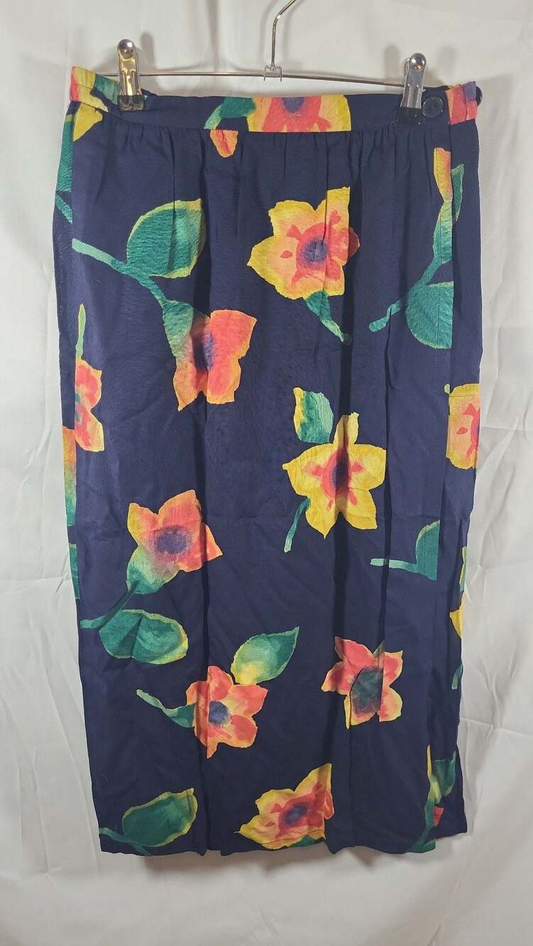Vintage Patchington Floral Rayon Midi Skirt with Button Detail, Small